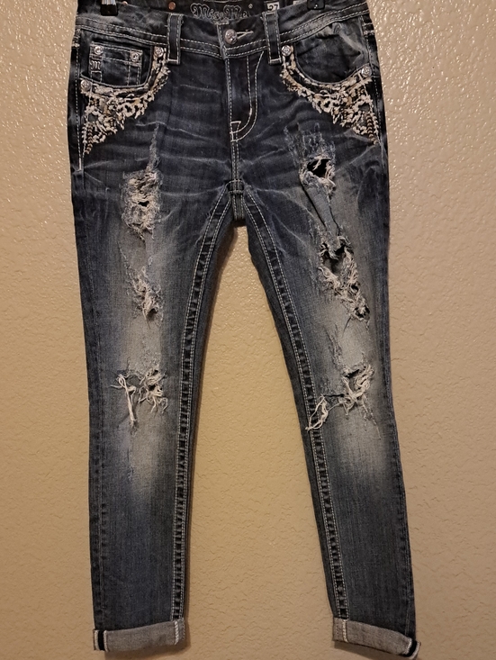 Miss Me Denim - Miss Me Size 27 Signiture Skinn Distressed Dark Blue Embroidered Jeans